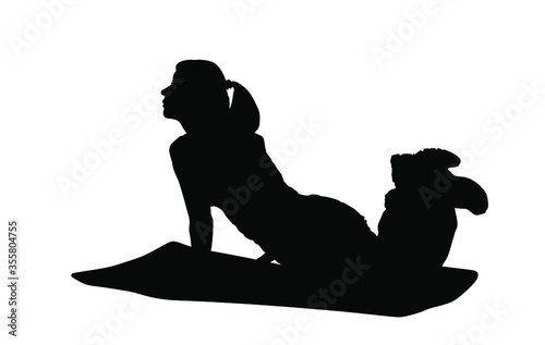 Young woman on the floor exercise in gym vector silhouette illustration. Fit lady on pilates treatment. Losing weight concept. Fitness girl workout and doing push up. Health care active, worming up.