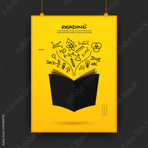 Floating book with outline icons on yellow background, back to school poster