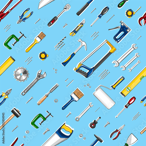 Repair tools seamless, pattern in cartoon style. Construction workshop equipment background. Handwork tools for carpentry and home renovation. Mechanic instruments for DIY store vector illustration.