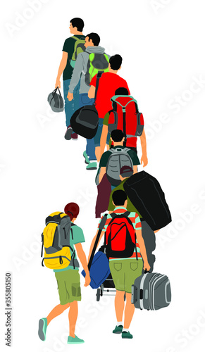 Passengers with luggage walking at airport vector illustration. Traveler with backpack bags. Man carry baggage. People crowd waiting in line with cargo load, taxi to holiday.
Border refugees hiking.