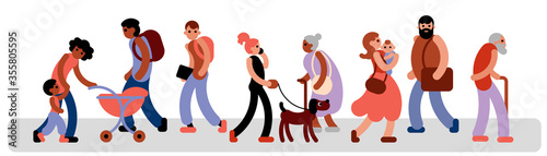 men and women of different nations and ages walk down the street