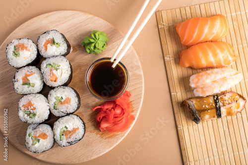 Composition with delicious nigiri sushi and rolls