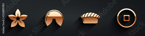 Set Lotus flower, Chinese fortune cookie, Sushi and Chinese Yuan currency icon with long shadow. Vector
