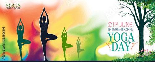 Graphic silhouette of people holding a yoga pose, trees, branches, plants, flowers, and a liquid background