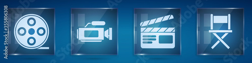 Set Film reel, Cinema camera, Movie clapper and Director movie chair. Square glass panels. Vector