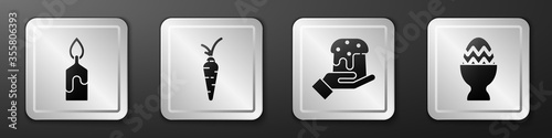 Set Burning candle, Carrot, Human hand and easter cake and Easter egg on a stand icon. Silver square button. Vector