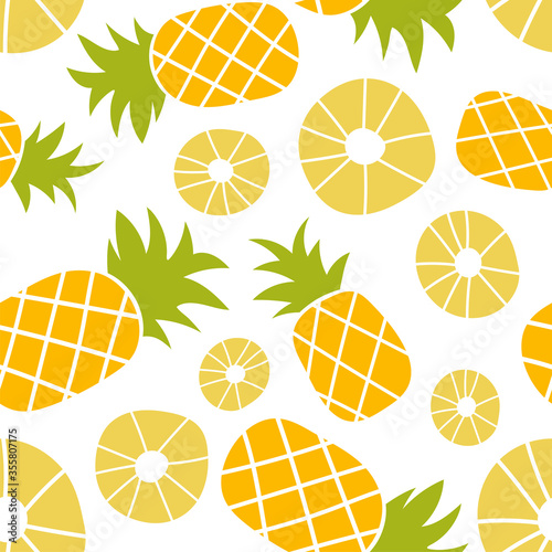 Pineapple seamless pattern. Hand drawn fresh slice of ananas. Vector sketch background. Exotic tropical fruit. Fashion design. Food print for kitchen tablecloth, curtain or dishcloth