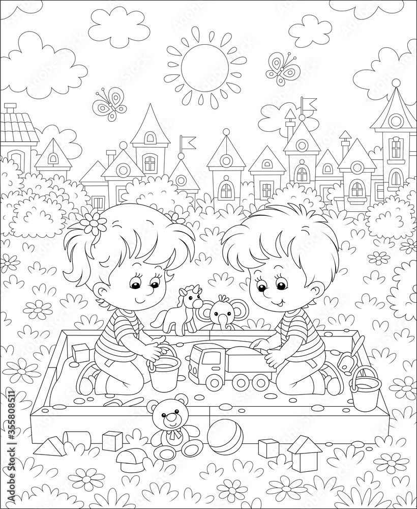 Happy small children friendly smiling, romping and playing with their funny toys in a sandbox on a playground in a summer park of a pretty town on a sunny day, black and white vector cartoon