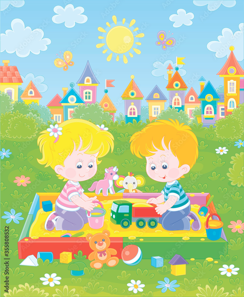 Naklejka premium Happy children friendly smiling, romping and playing with their funny colorful toys in a sandbox on a playground in a green summer park of a pretty town on a warm sunny day, vector cartoon