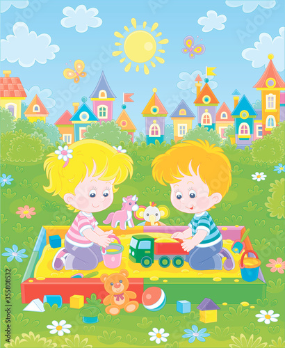 Happy children friendly smiling, romping and playing with their funny colorful toys in a sandbox on a playground in a green summer park of a pretty town on a warm sunny day, vector cartoon