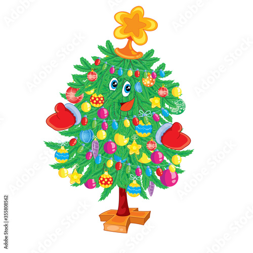 merry cute christmas tree decorated with balls and garlands, with a star on the top and red mittens, isolated object on a white background, vector illustration,