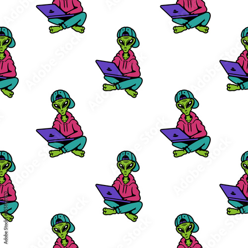 Color alien in cap with a laptop seamless pattern 