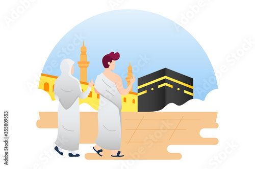 Couple muslim praying in front of Kaaba Mecca Vector Illustration