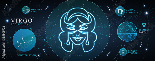 Modern magic witchcraft card with astrology neon Virgo zodiac sign. Neon woman head. Zodiac characteristic