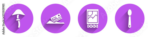 Set Psilocybin mushroom, Cocaine and credit card, Open matchbox and matches and Heroin in a spoon icon with long shadow. Vector