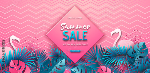 Summer sale poster with pink and blue tropic leaves and flamingo on pink background.