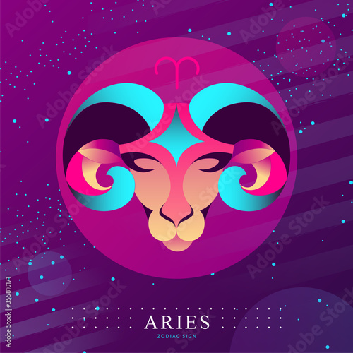 Modern magic witchcraft card with astrology Aries zodiac sign. Ram or mouflon head logo design