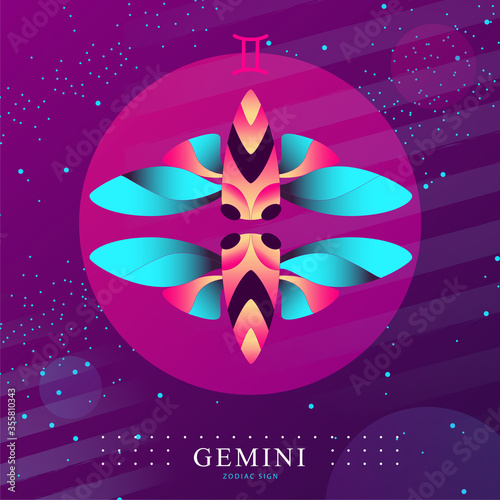 Modern magic witchcraft card with astrology Gemini zodiac sign. Butterfly or cicada illustration