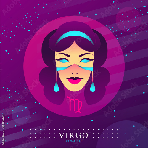 Modern magic witchcraft card with astrology Virgo zodiac sign. Woman head logo design