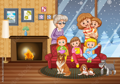 Happy family stay at home during winter