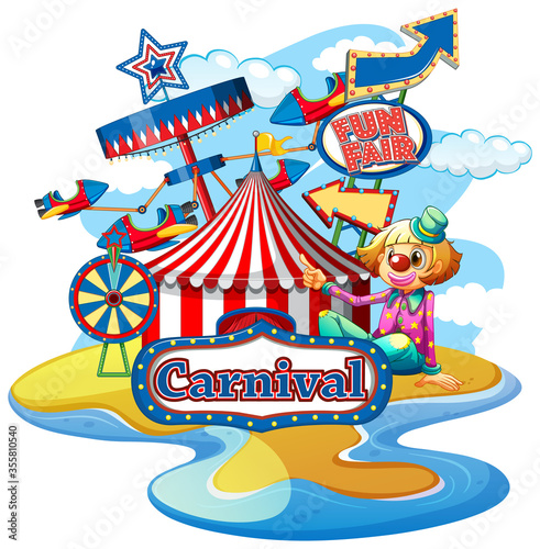 Scene with happy clown at carnival on white background