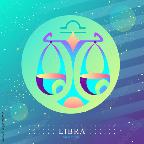Modern magic witchcraft card with astrology Libra zodiac sign. Scales logo design