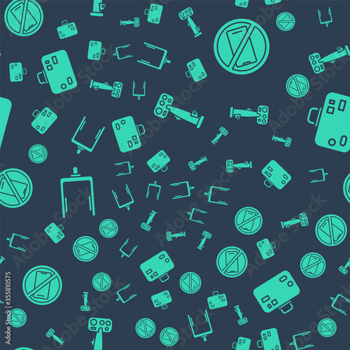 Set Aircraft steering helm, No cell phone, Metal detector in airport and Suitcase on seamless pattern. Vector