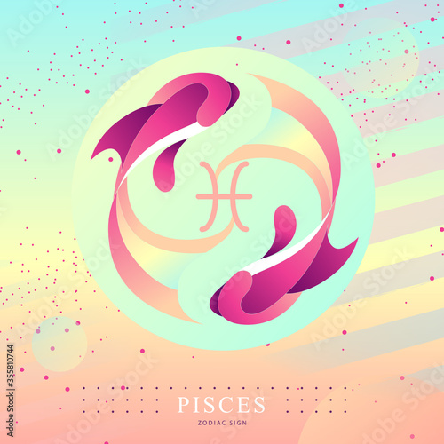 Modern magic witchcraft card with astrology Pisces zodiac sign. Koi fish logo design