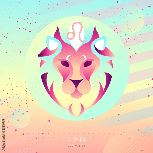 Modern magic witchcraft card with astrology Leo zodiac sign. Lion head logo design