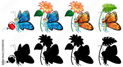 Set of butterfly cartoon and its silhouette