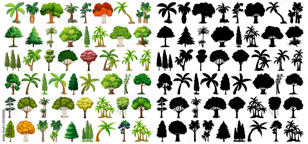 Obraz premium Set of plant and tree with its silhouette
