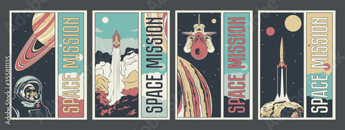 Space Misson Propaganda Poster Set, Astronaut, Spacecraft, Jupiter, Saturn, Asteroid, Space Rocket Launch, Astronautics Program Placards