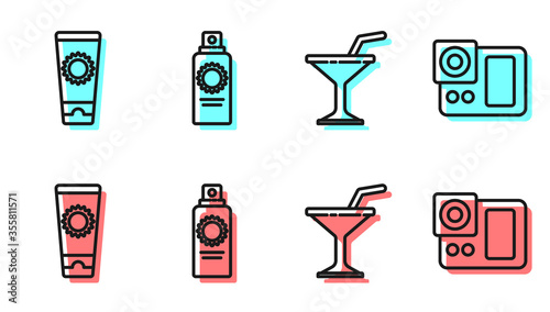 Set line Martini glass, Sunscreen cream in tube, Sunscreen spray bottle and Photo camera icon. Vector
