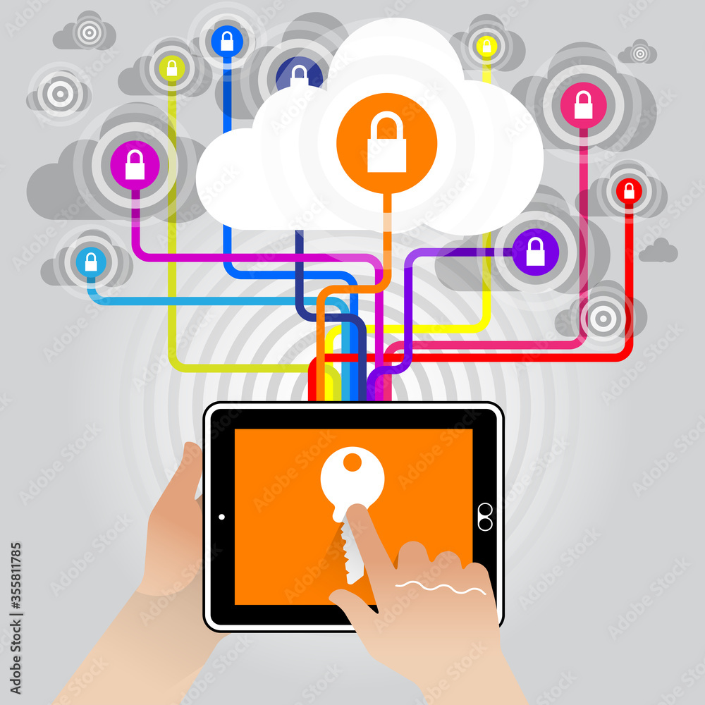 A stylised held Tablet PC linking to various closed information clouds online. The key on-screen will allow the user access. A stylised held Tablet PC linking to various closed information clouds online. The key on-screen will allow the user access.