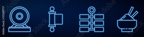Set line Firework, Gong, Decree, paper, parchment, scroll, Rice in a bowl with chopstick and Chinese fortune cookie. Glowing neon icon on brick wall. Vector