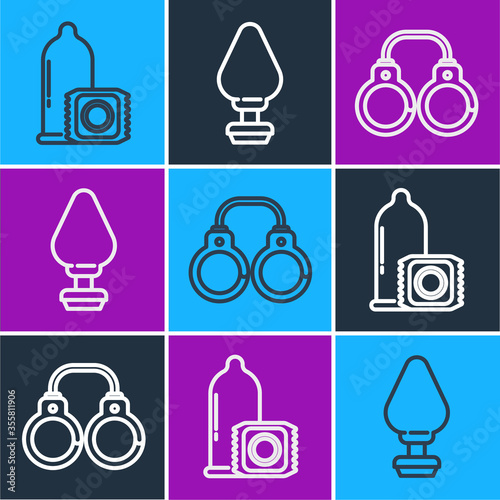 Set line Condom, Sexy fluffy handcuffs and Anal plug icon. Vector