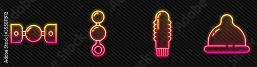 Set line Dildo vibrator, Silicone ball gag with belt, Anal beads and Condom. Glowing neon icon. Vector