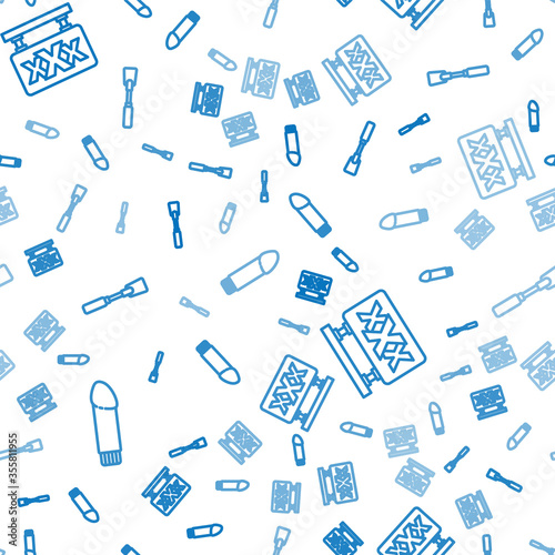 Set line Dildo vibrator, Sex shop and Leather whip on seamless pattern. Vector