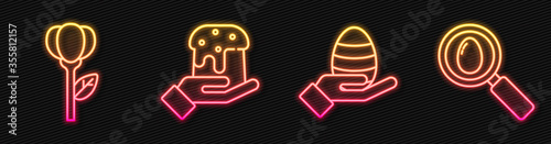 Set line Human hand and easter egg, Flower tulip, Human hand and easter cake and Search and easter egg. Glowing neon icon. Vector