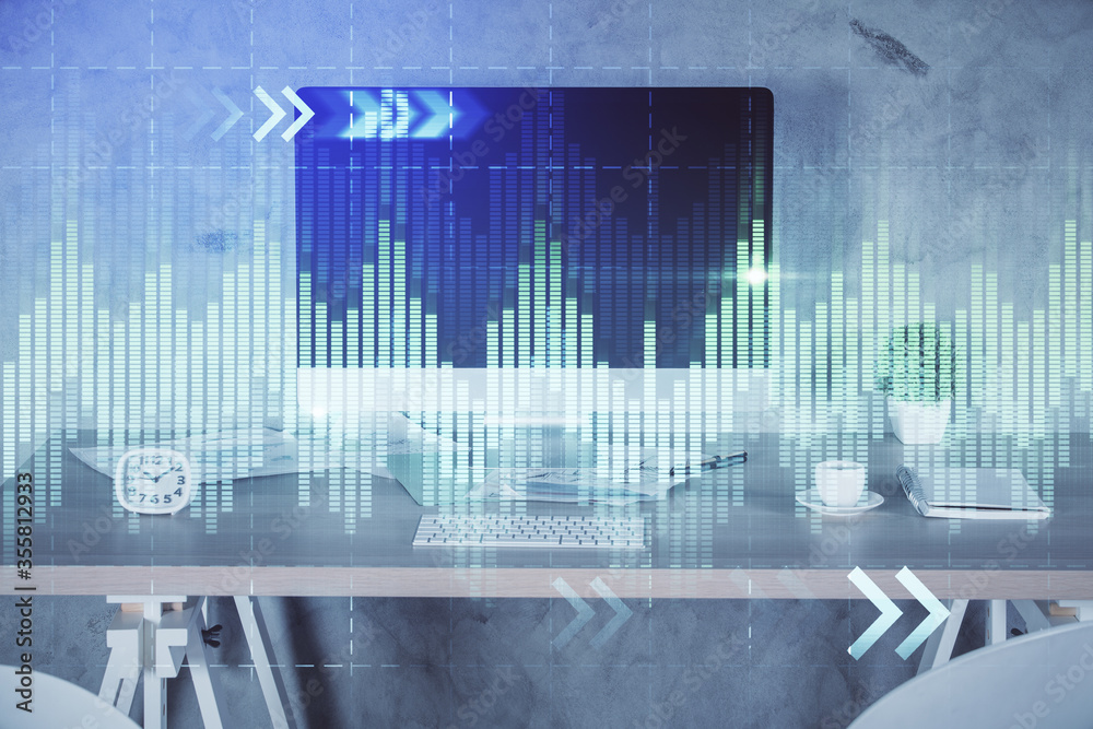 Multi exposure of financial graph drawing and office interior background. Concept of market analysis. Multi exposure of financial graph drawing and office interior background. Concept of market analysis.