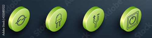 Set Isometric Electric circuit scheme, Light emitting diode, Electric cable and Electric light switch icon. Vector