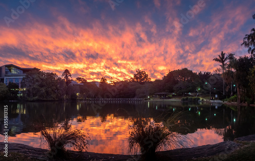 Spectacular Lakeside Sunset Panorama with Reflections