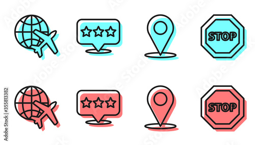 Set line Location, Globe with flying plane, Map pointer with star and Stop sign icon. Vector