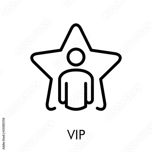 Icono plano lineal palabra VIP con hombre en estrella en color negro