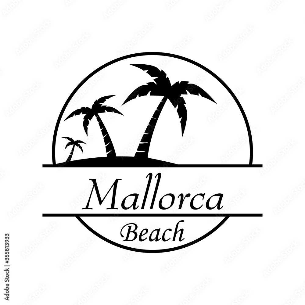 Símbolo destino de vacaciones. Icono plano texto Mallorca Beach en círculo con playa y palmeras en color negro