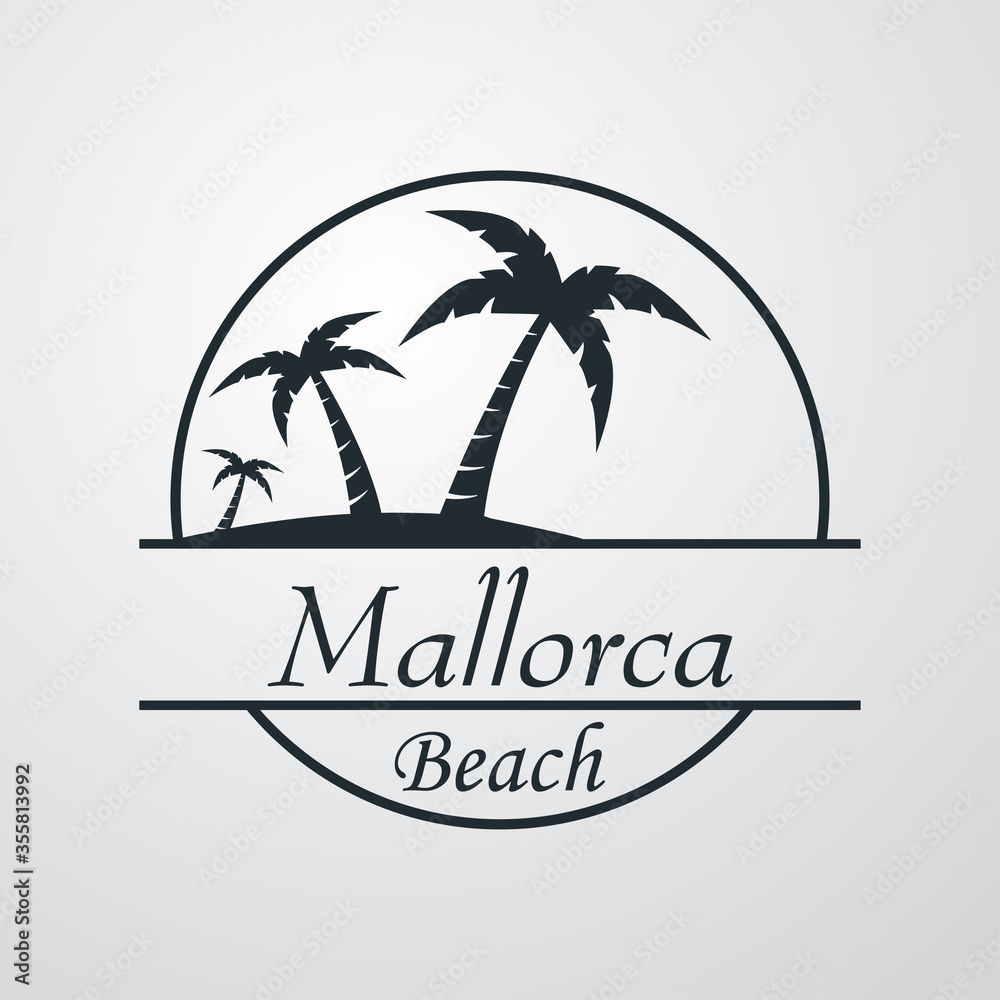 Símbolo destino de vacaciones. Icono plano texto Mallorca Beach en círculo con playa y palmeras en fondo gris