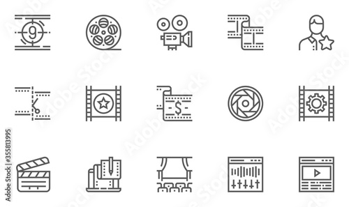 Video Studio Production, Video Content Vector Flat Line Icons Set. Movie Production, Film Premiere, Film Montage, Screenplay. Editable Stroke. 48x48 Pixel Perfect.
