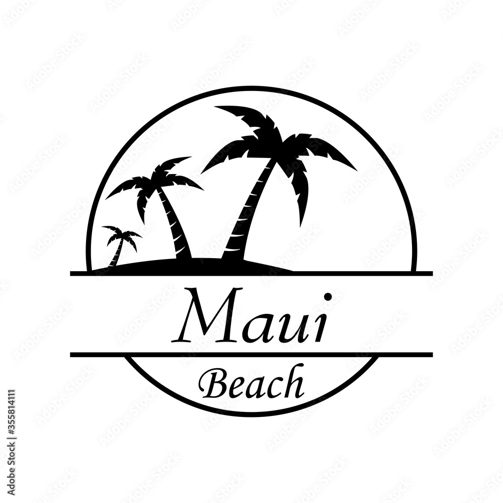 Símbolo destino de vacaciones. Icono plano texto Maui Beach en círculo con playa y palmeras en color negro