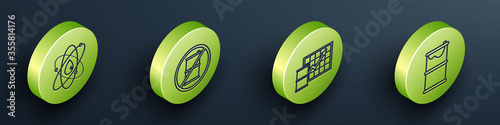 Set Isometric Atom, No barrel for gasoline, Oil price increase and Barrel oil leak icon. Vector