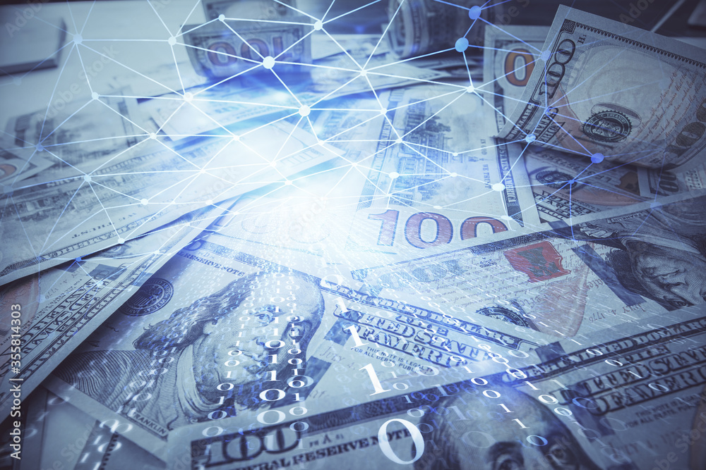 Double exposure of data theme drawing over us dollars bill background. Technology concept. Double exposure of data theme drawing over us dollars bill background. Technology concept.